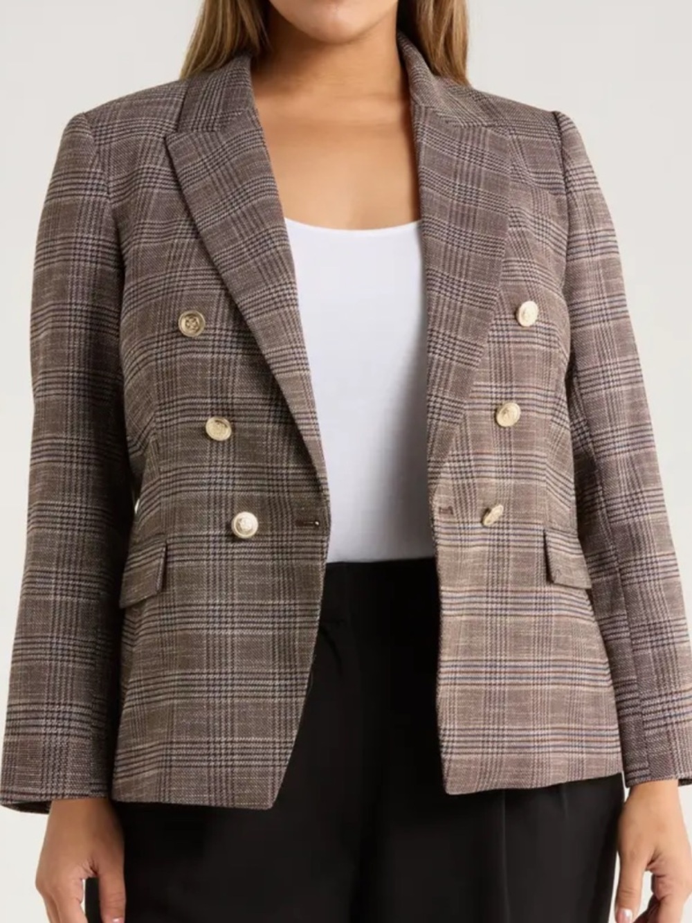 TAHARI PLAID DOUBLE BREASTED BLAZER ESPRESSO IVORY - 8P
